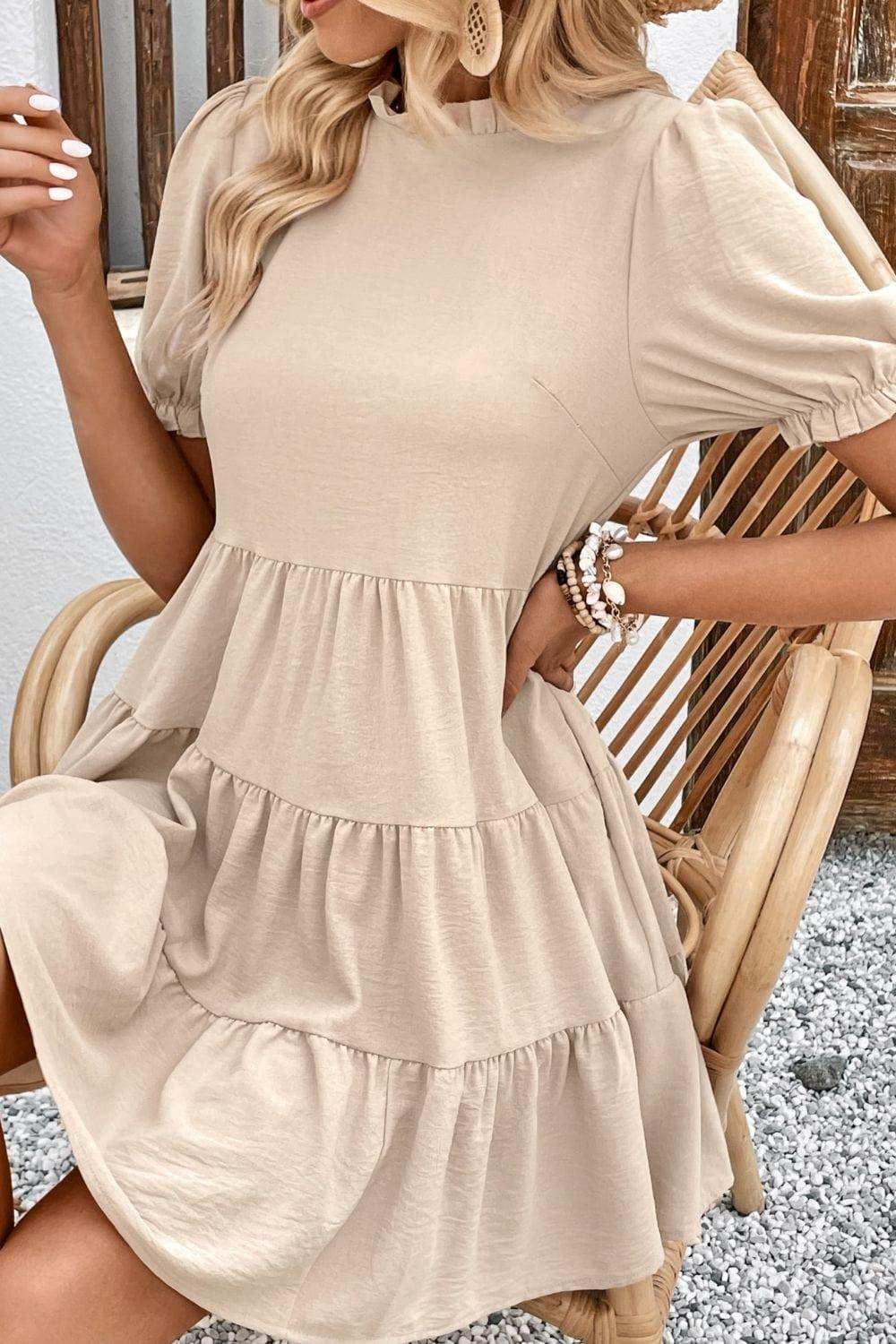 Puff Sleeve Tie Back Tiered Dress - Trendsi - Flyclothing LLC