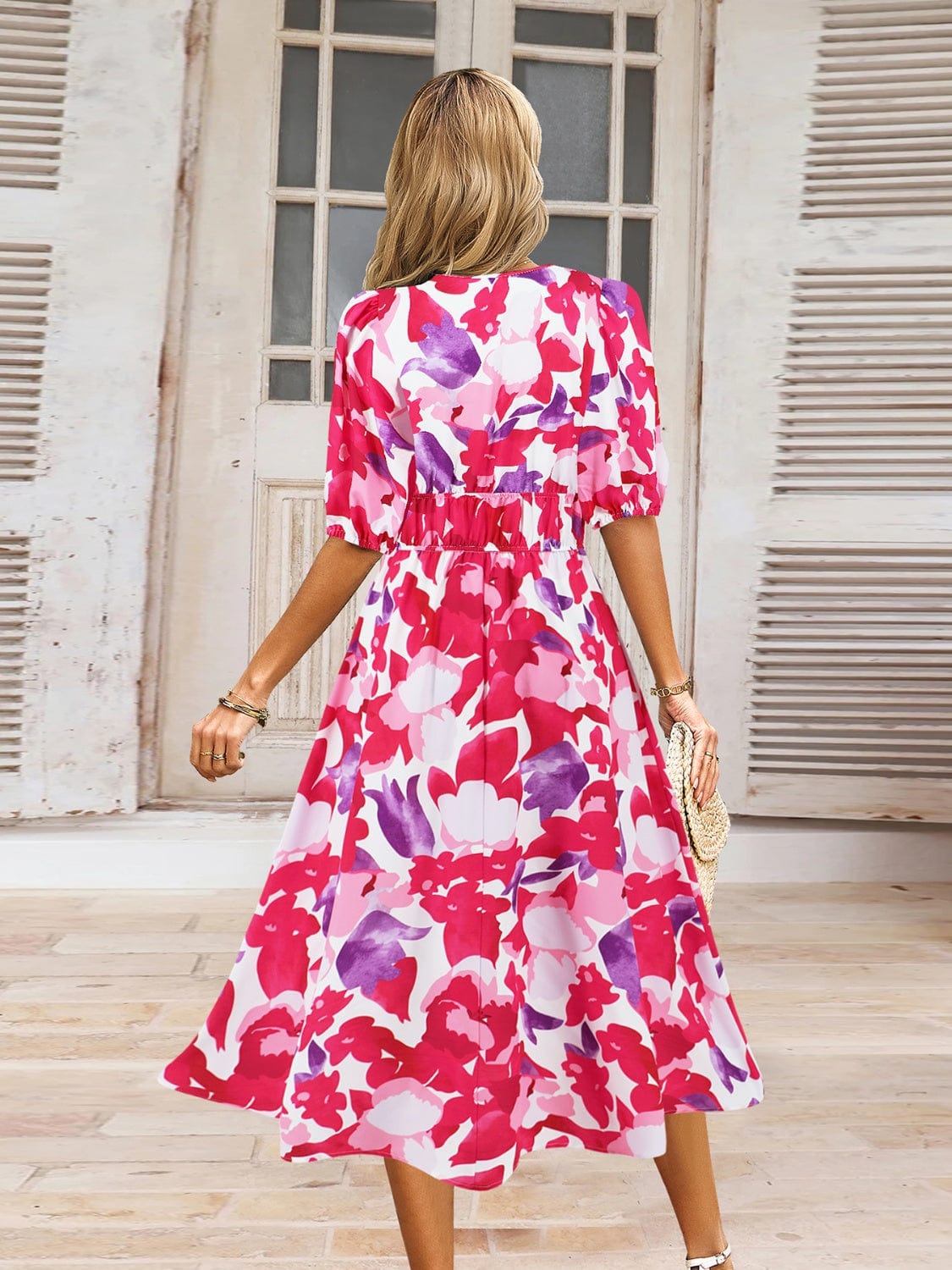 Ruched Printed Surplice Short Sleeve Dress - Trendsi