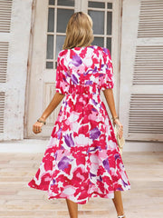 Ruched Printed Surplice Short Sleeve Dress - Trendsi
