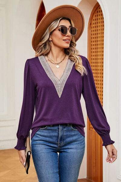 Lace Detail V-Neck Lantern Sleeve T-Shirt - Trendsi - Flyclothing LLC
