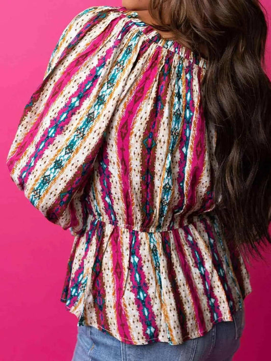 Striped Tie Neck Flounce Sleeve Babydoll Top - Trendsi - Flyclothing LLC