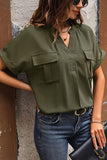 Pocketed Notched Short Sleeve Blouse - Trendsi