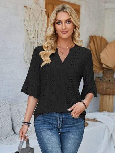 Eyelet Notched Half Sleeve T-Shirt - Trendsi - Flyclothing LLC