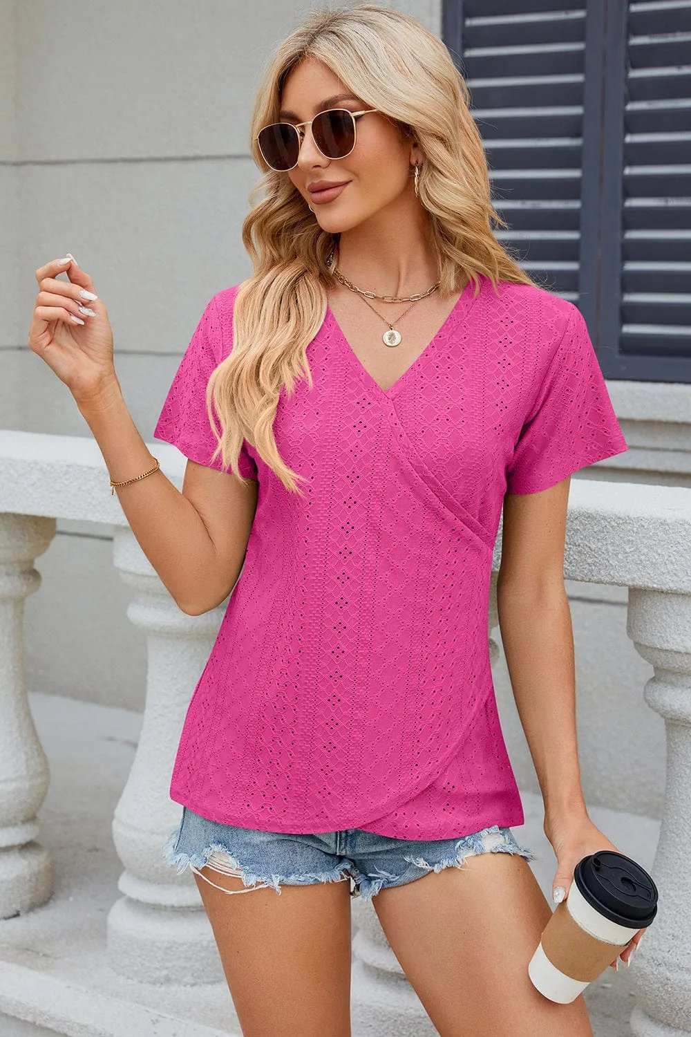 Eyelet Surplice Short Sleeve T-Shirt - Trendsi - Flyclothing LLC