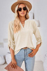 Notched Roll-Tab Sleeve T-Shirt - Trendsi - Flyclothing LLC