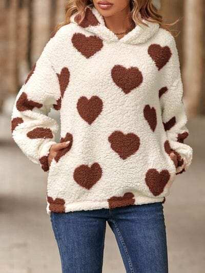 Fuzzy Heart Pocketed Dropped Shoulder Hoodie - Trendsi - Flyclothing LLC