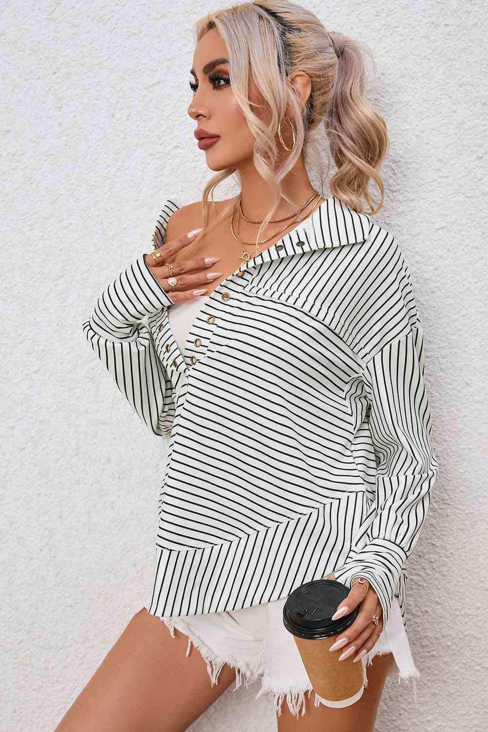 Full Size Striped Collared Top - Trendsi - Flyclothing LLC