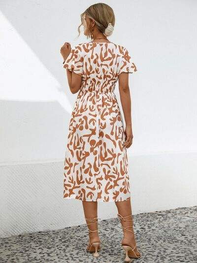 Printed V-Neck Short Sleeve Dress - Trendsi - Flyclothing LLC
