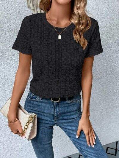 Eyelet Round Neck Short Sleeve T-Shirt - Trendsi - Flyclothing LLC