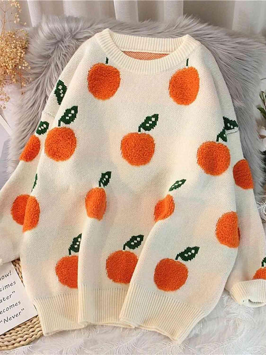 Printed Round Neck Drop Shoulder Sweater - Trendsi