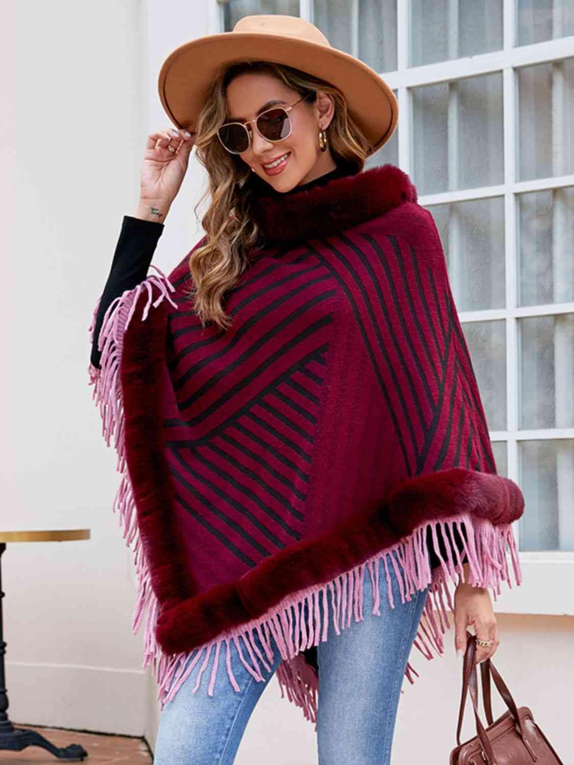 Striped Fringe Hem Poncho - Trendsi
