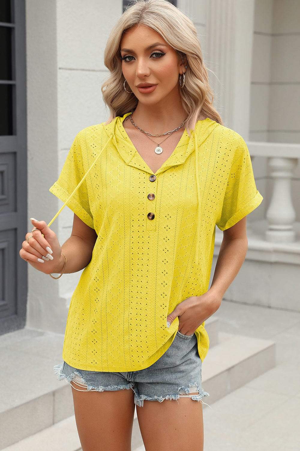 Eyelet Drawstring Hooded Short Sleeve Blouse - Trendsi - Flyclothing LLC