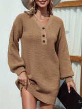 V-Neck Dropped Shoulder Mini Sweater Dress - Trendsi - Flyclothing LLC