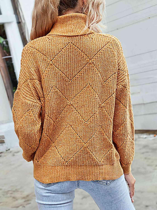 Geometric Turtleneck Long Sleeve Sweater - Trendsi