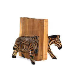 Carved Wood Zebra Book Ends, Set of 2 - Jedando