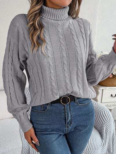 Cable-Knit Turtleneck Dropped Shoulder Sweater - Trendsi - Flyclothing LLC