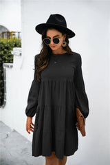 Balloon Sleeve Keyhole Tiered Dress - Trendsi - Flyclothing LLC