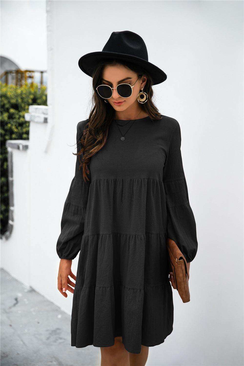 Balloon Sleeve Keyhole Tiered Dress - Trendsi - Flyclothing LLC