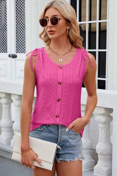 Eyelet Round Neck Wide Strap Tank - Trendsi - Flyclothing LLC
