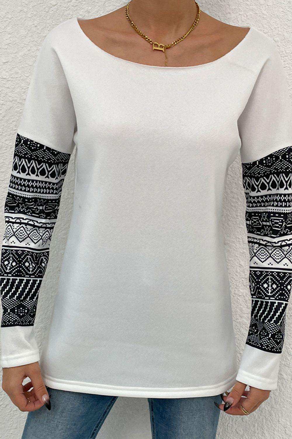Boat Neck Long Printed Sleeve Blouse - Trendsi - Flyclothing LLC