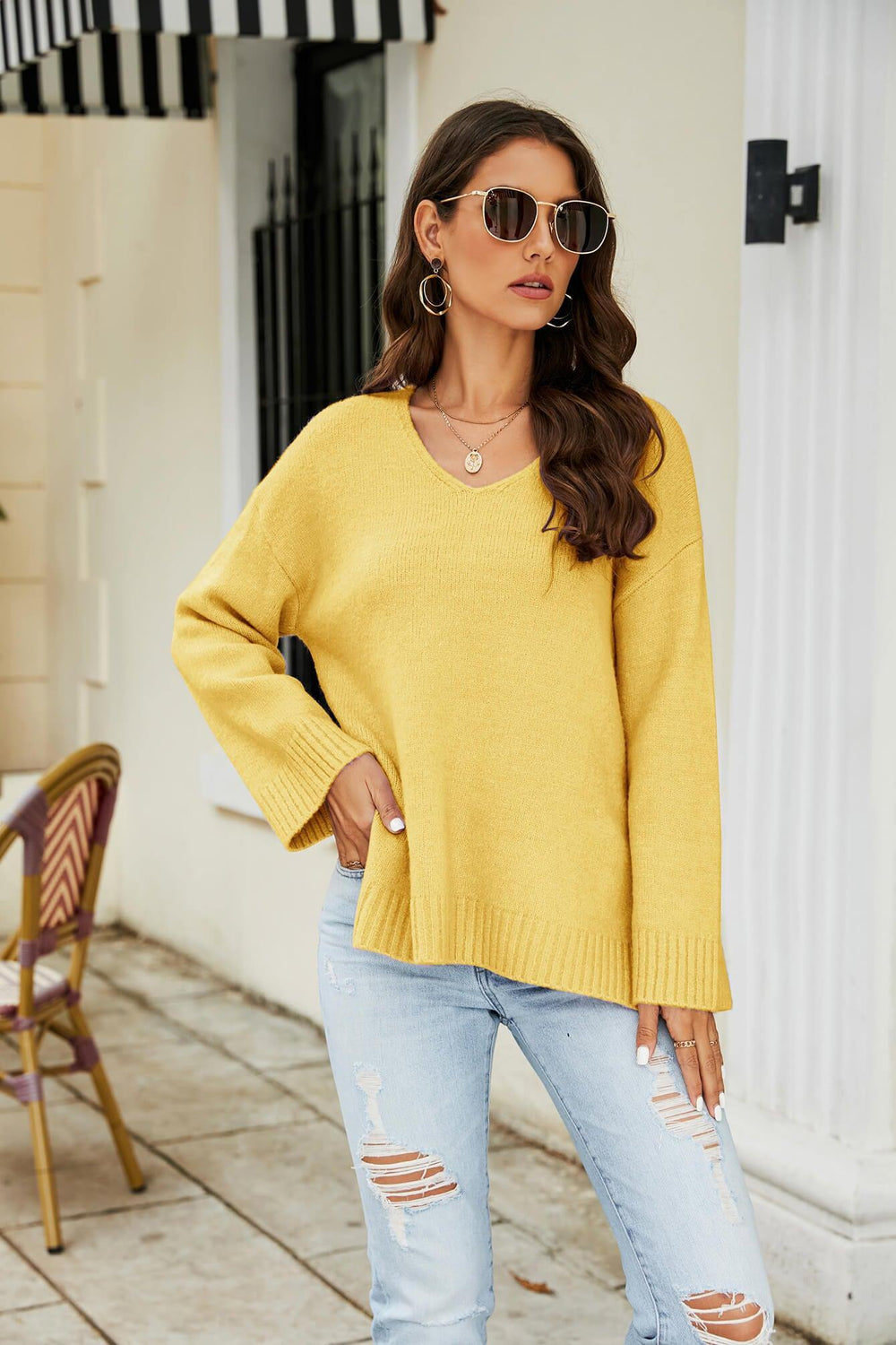 Drop Shoulder V-Neck Knit Pullover - Trendsi