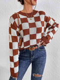 Checkered Round Neck Sweater - Trendsi - Flyclothing LLC