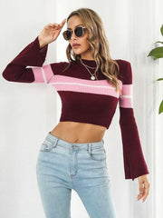 Ribbed Color Block Round Neck Cropped Sweater - Trendsi