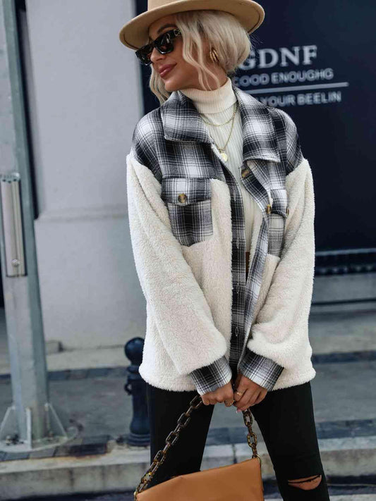 Plaid Collared Neck Button Down Jacket - Trendsi