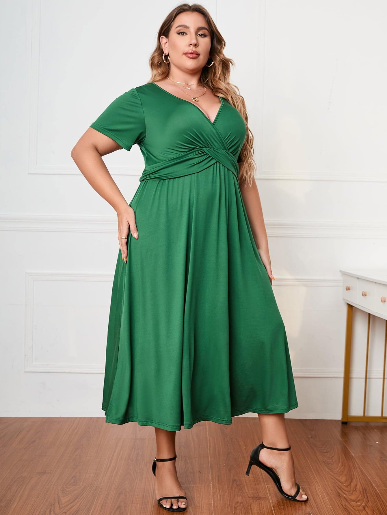 Plus Size Short Sleeve Surplice Neck Midi Dress - Trendsi