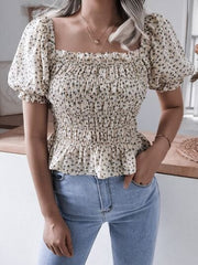 Frill Smocked Square Neck Short Sleeve Blouse - Trendsi