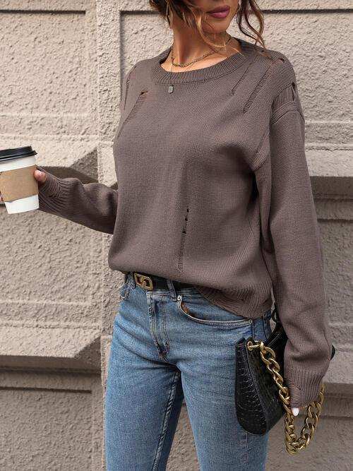 Cutout Round Neck Long Sleeve Sweater - Trendsi - Flyclothing LLC