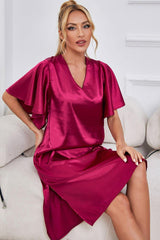 Satin Flutter Sleeve Side Slit V-Neck Night Dress - Trendsi