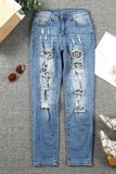 Leopard Distressed Pocketed Straight Jeans - Trendsi - Flyclothing LLC