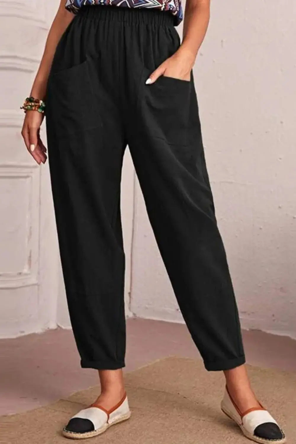 Elastic Waist Pocket Tapered Pants - Trendsi - Flyclothing LLC
