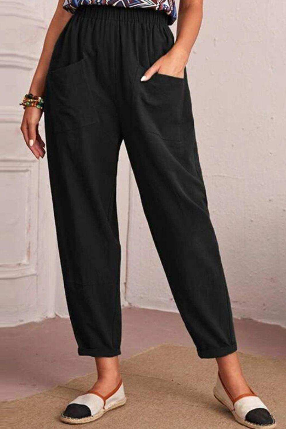 Elastic Waist Pocket Tapered Pants - Trendsi - Flyclothing LLC