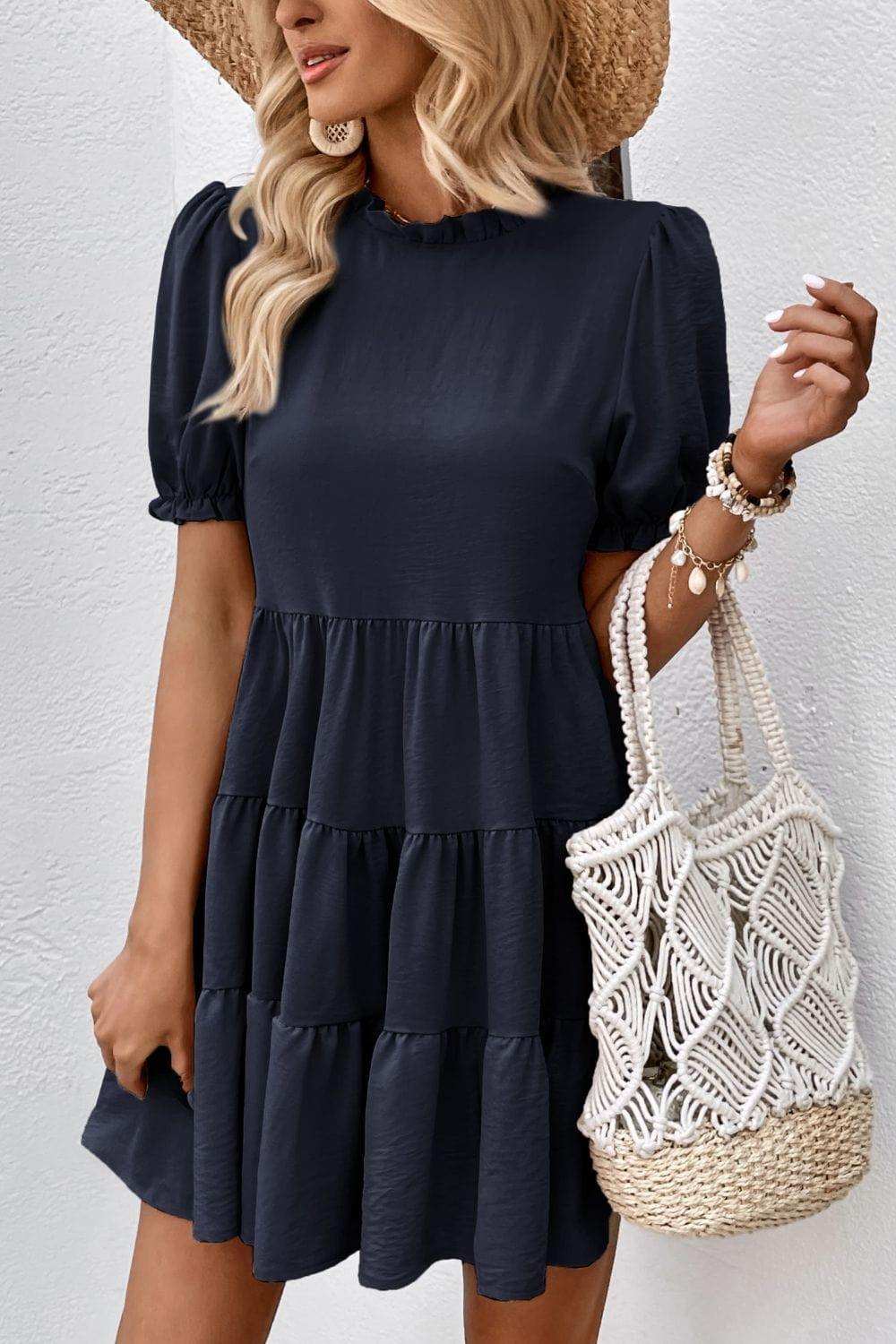 Puff Sleeve Tie Back Tiered Dress - Trendsi - Flyclothing LLC
