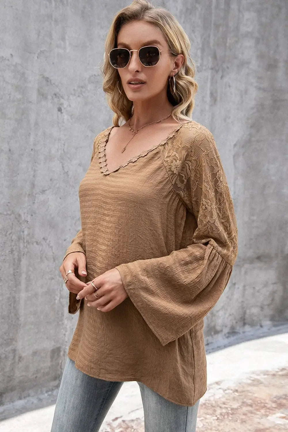 V-Neck Spliced Lace Flare Sleeve Top - Trendsi - Flyclothing LLC