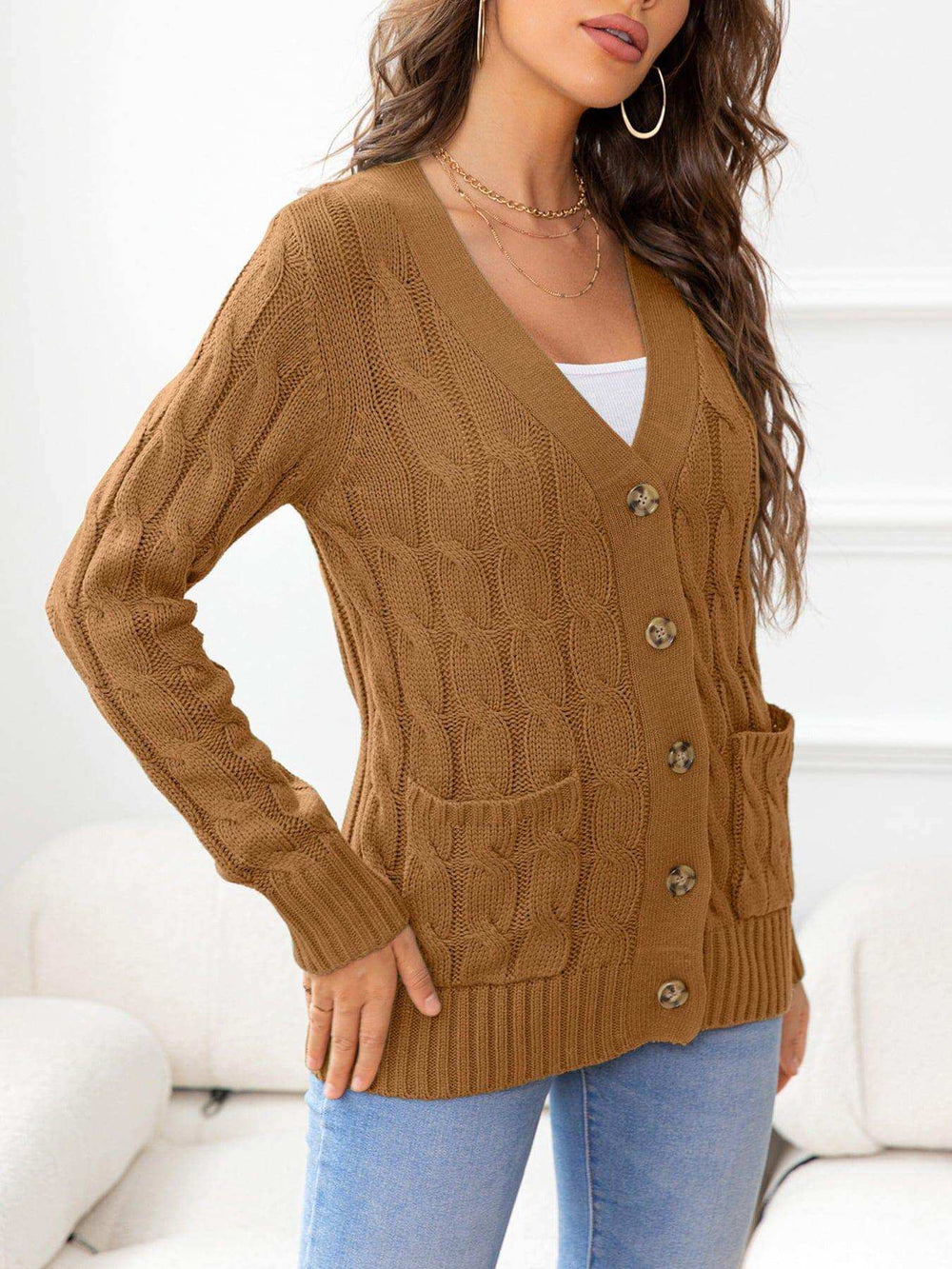 Button Down Cable-Knit Cardigan - Trendsi - Flyclothing LLC
