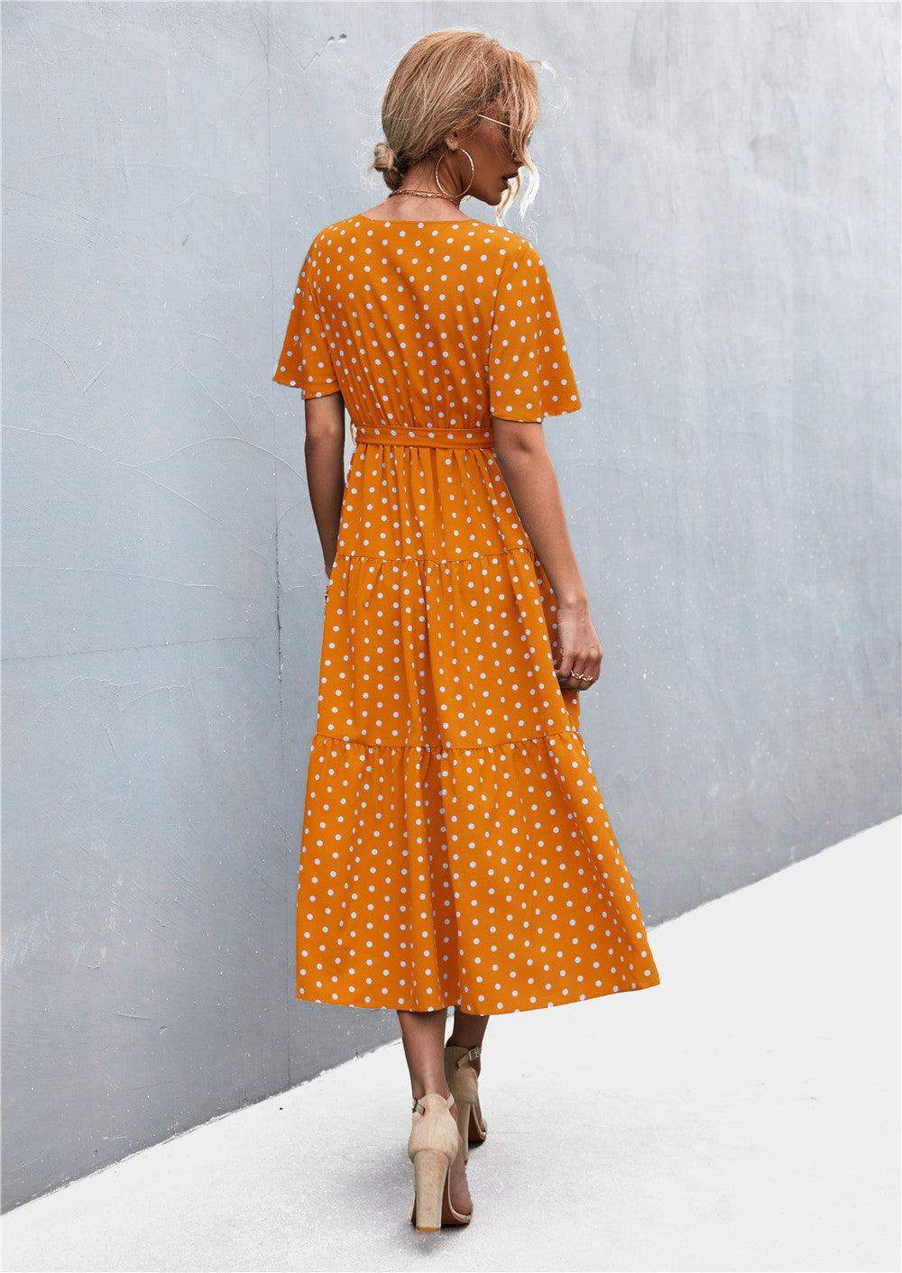 Printed V-Neck Flutter Sleeve Belted Dress - Trendsi - Flyclothing LLC