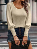 Ribbed Round Neck Lantern Sleeve Knit Top - Trendsi
