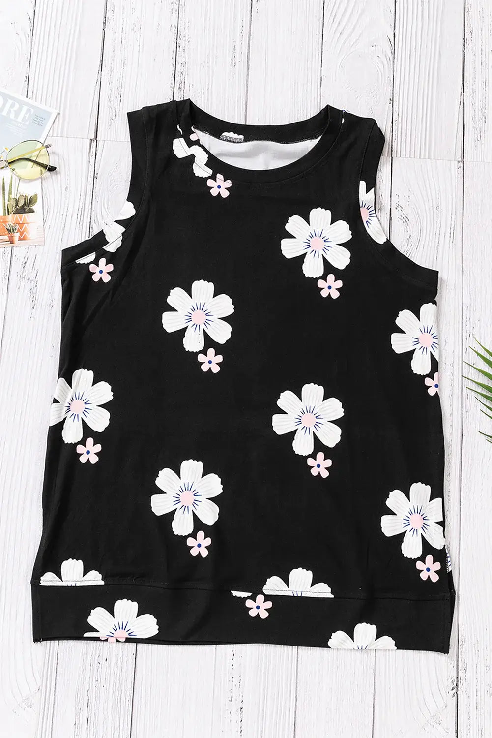 Printed Side Slit Round Neck Tank - Trendsi - Flyclothing LLC