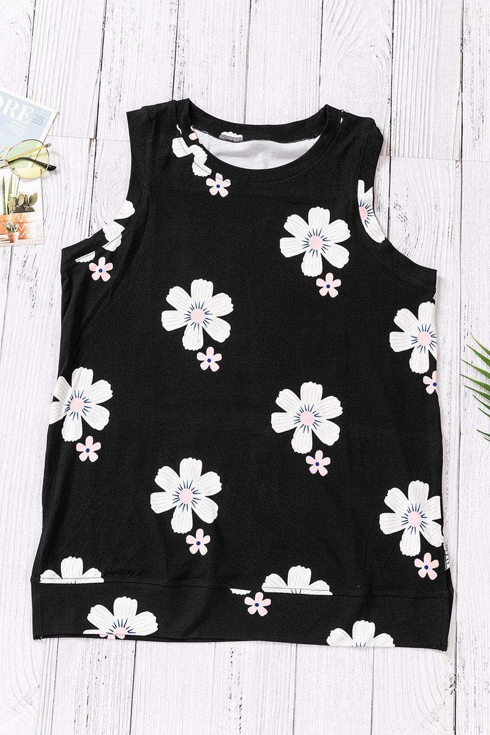 Printed Side Slit Round Neck Tank - Trendsi - Flyclothing LLC