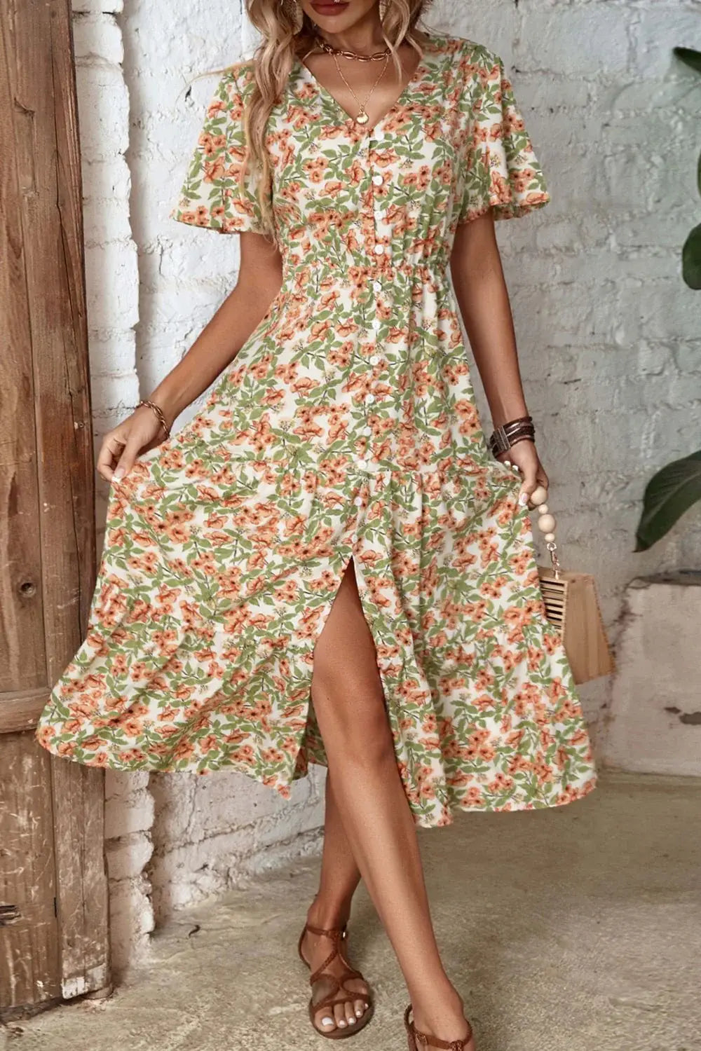 Floral V-Neck Front Slit Dress - Trendsi - Flyclothing LLC