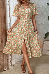 Floral V-Neck Front Slit Dress - Trendsi - Flyclothing LLC