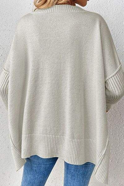 Slit V-Neck Dropped Shoulder Sweater - Trendsi - Flyclothing LLC