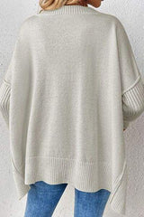 Slit V-Neck Dropped Shoulder Sweater - Trendsi - Flyclothing LLC