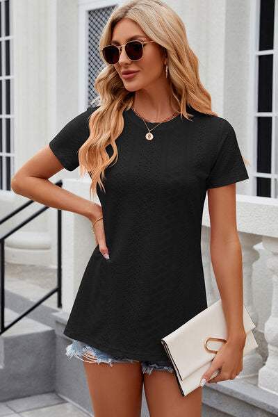 Eyelet Slit Round Neck Short Sleeve T-Shirt - Trendsi - Flyclothing LLC