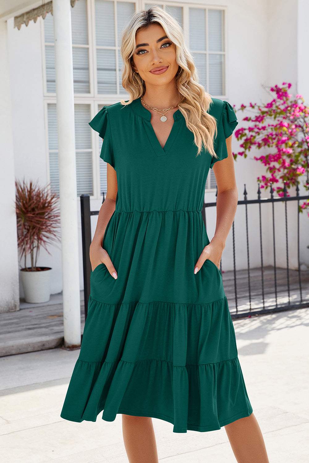 Ruched Notched Cap Sleeve Dress - Trendsi - Flyclothing LLC