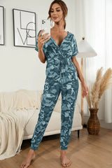 Surplice Neck Tied Short Sleeve Jumpsuit - Trendsi - Flyclothing LLC