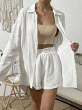 Dropped Shoulder Button Up Top and Elastic Waist Shorts Set - Trendsi - Flyclothing LLC
